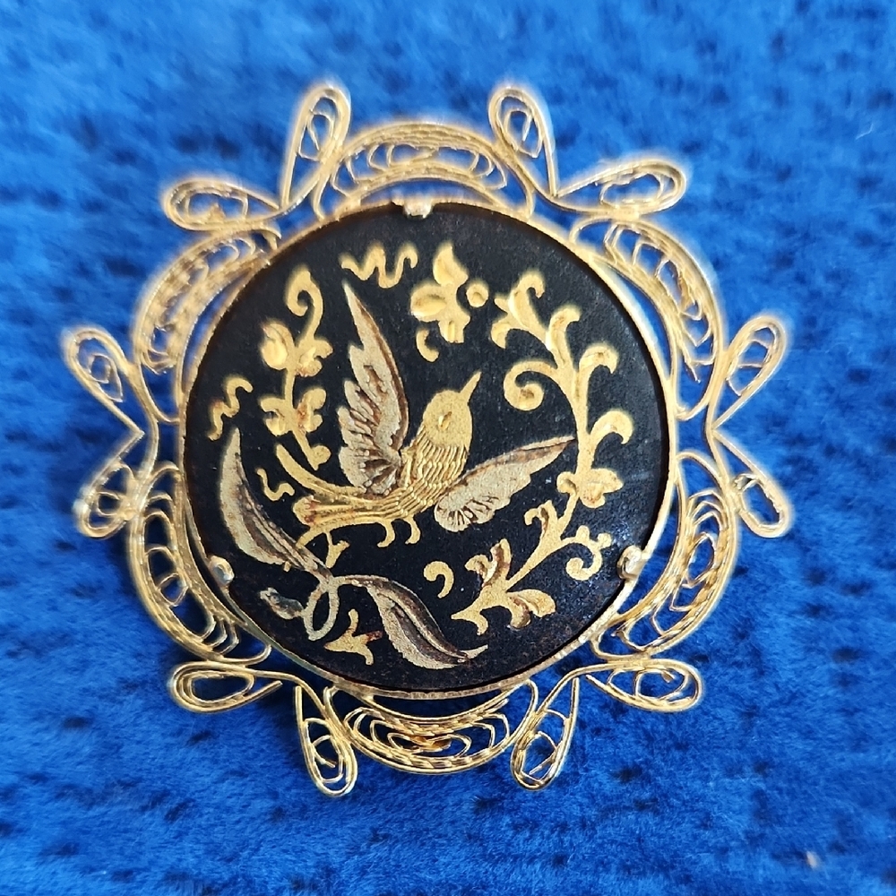 Vintage Gold and Black Brooch with Bird Design